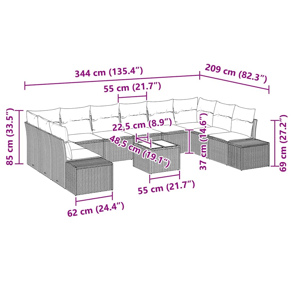 Tuin Sofa Set met kussen 11 pcs Zwart poly rattan is nu te koop bij PeponiXL, paradijselijk wonen!
