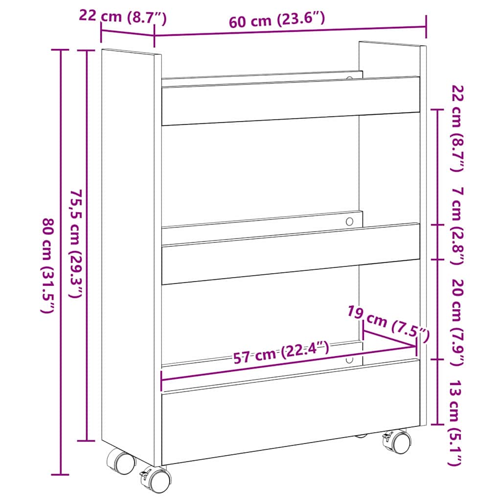 Smalle Opbergtrolley Zwart Eiken 60 x 22 x 80 cm Bewerkt hout is nu te koop bij PeponiXL, paradijselijk wonen!
