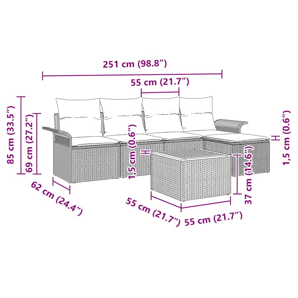 Tuinbankenset met kussen 6 pcs Beige poly rattan