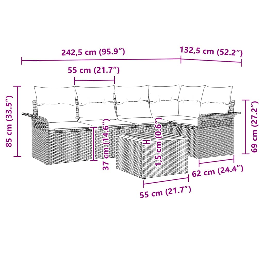Tuinbankenset met kussen 6 pcs Beige poly rattan