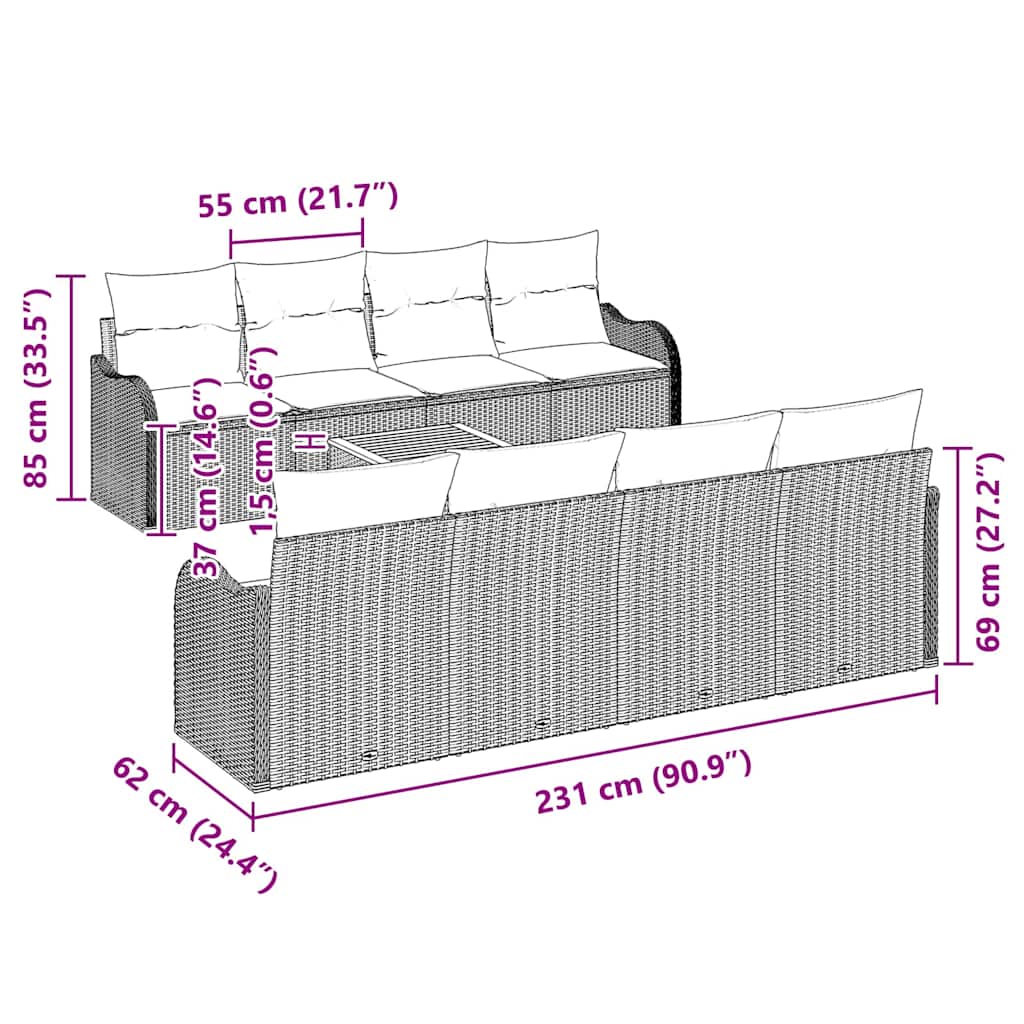 Tuinbankenset met kussen 9 pcs Grijs poly rattan is nu te koop bij PeponiXL, paradijselijk wonen!