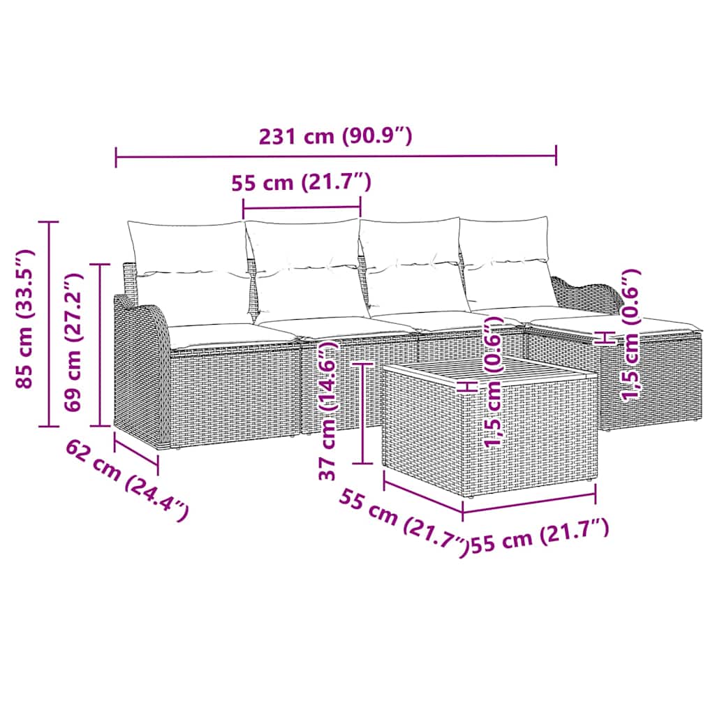 Tuinbankenset met kussen 6 pcs Grijs poly rattan is nu te koop bij PeponiXL, paradijselijk wonen!