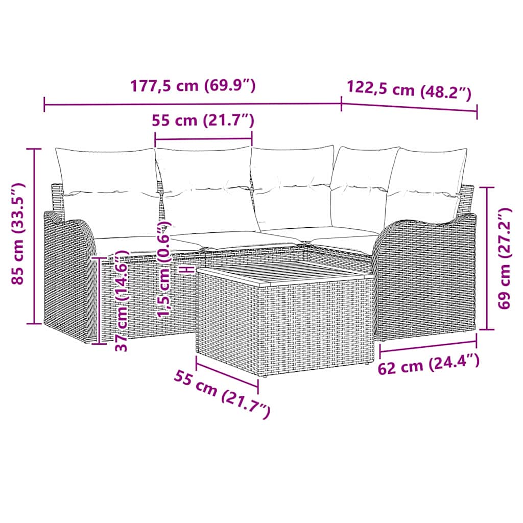 Tuinbankenset met kussen 5 pcs Beige poly rattan