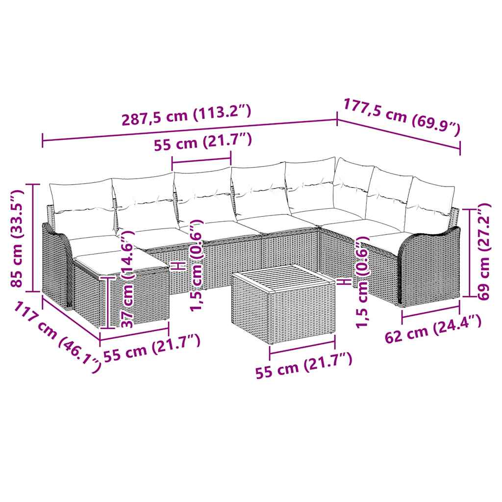 Tuinbankenset met kussen 9 pcs Grijs poly rattan is nu te koop bij PeponiXL, paradijselijk wonen!