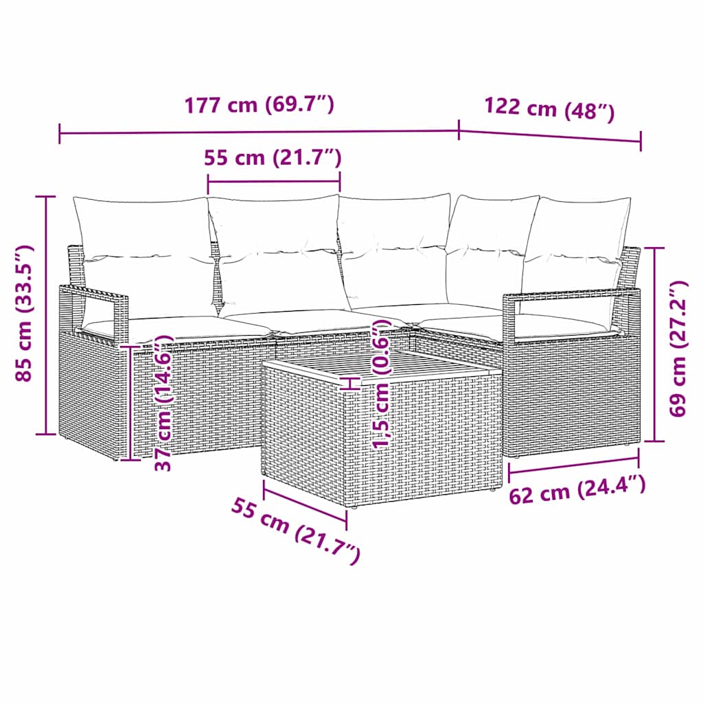 Tuinbankenset met kussen 5 pcs Beige poly rattan