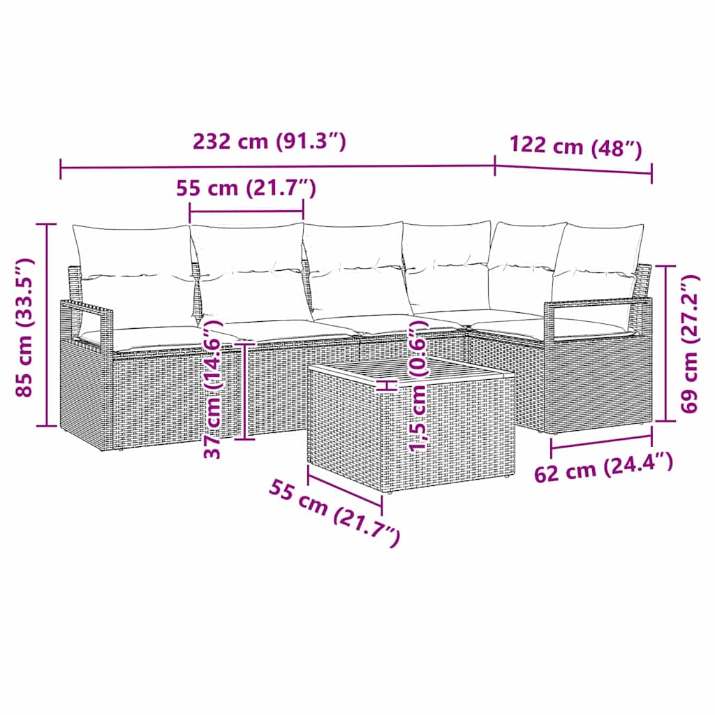 Tuinbankenset met kussen 6 pcs Beige poly rattan