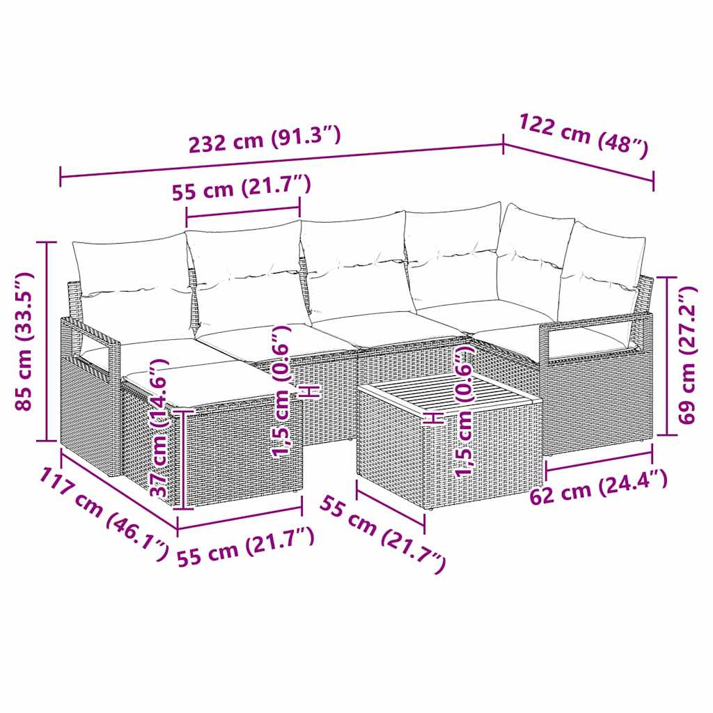 Tuinbankenset met kussen 7 pcs Beige poly rattan