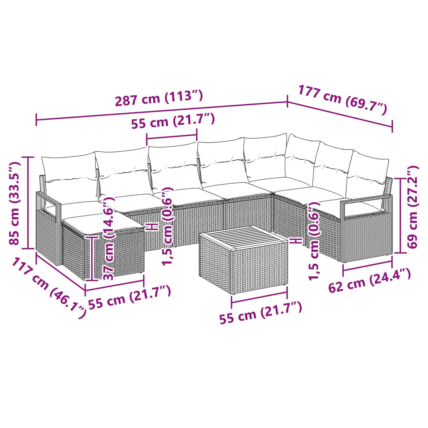 Tuinbankenset met kussen 9 pcs Grijs poly rattan is nu te koop bij PeponiXL, paradijselijk wonen!