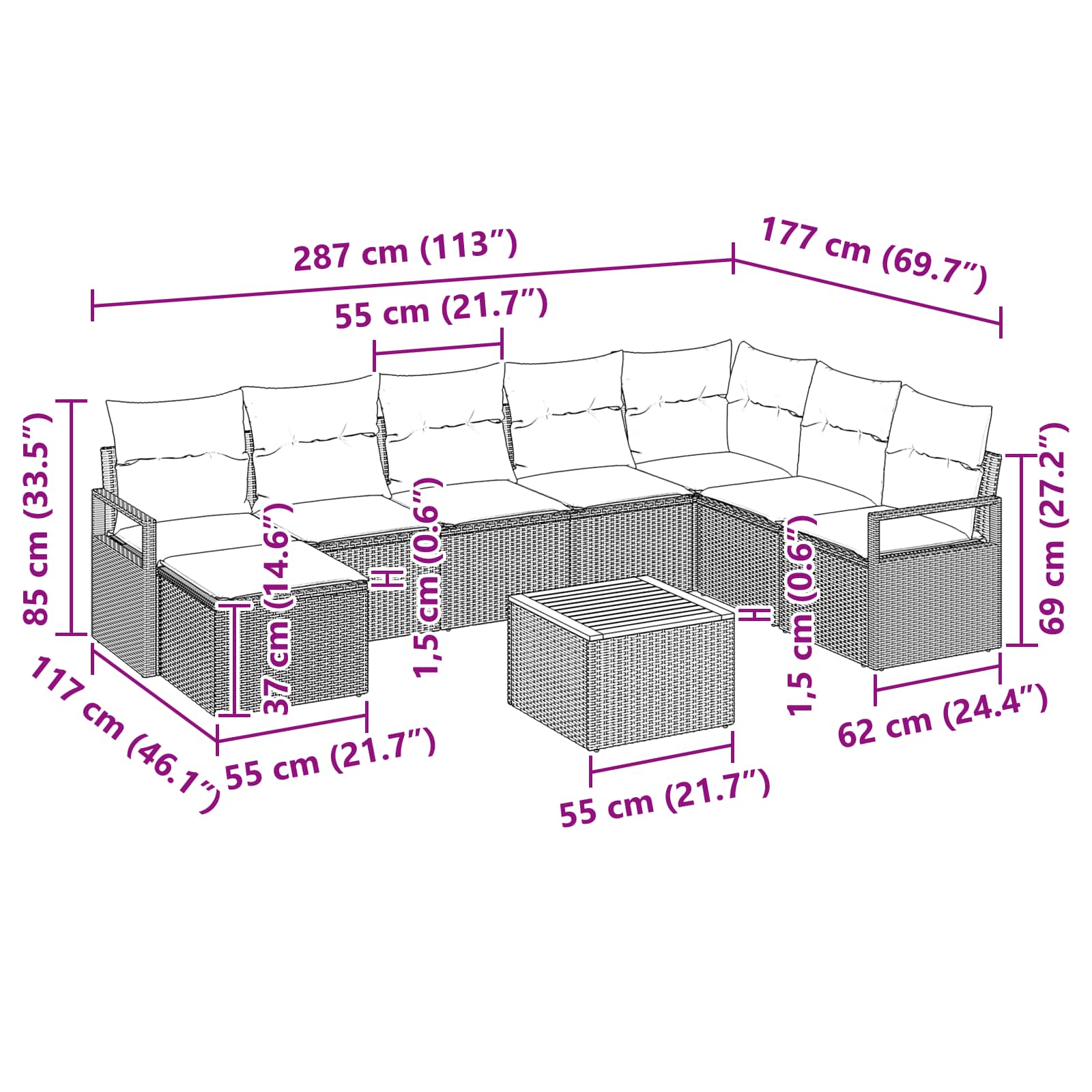 Tuinbankenset met kussen 9 pcs Grijs poly rattan is nu te koop bij PeponiXL, paradijselijk wonen!