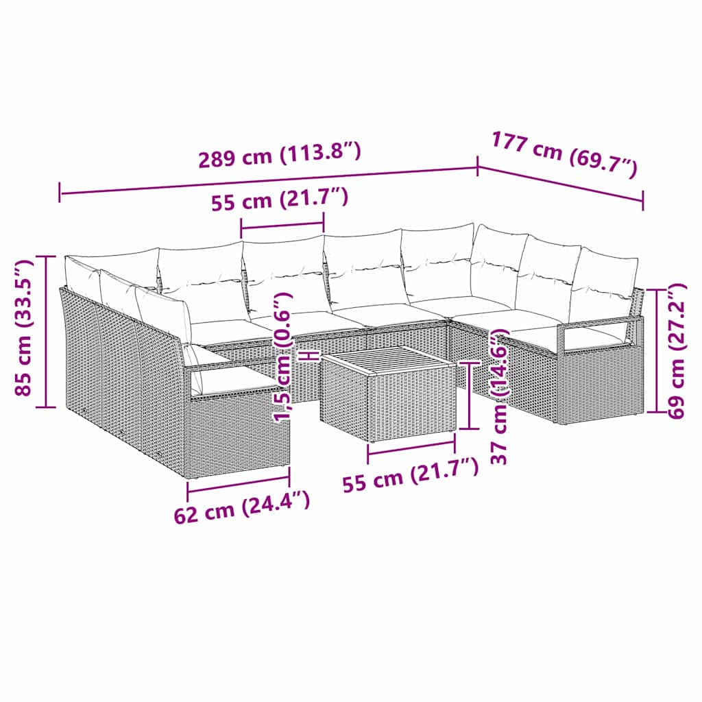 Tuinbankenset met kussen 10 pcs Grijs poly rattan is nu te koop bij PeponiXL, paradijselijk wonen!