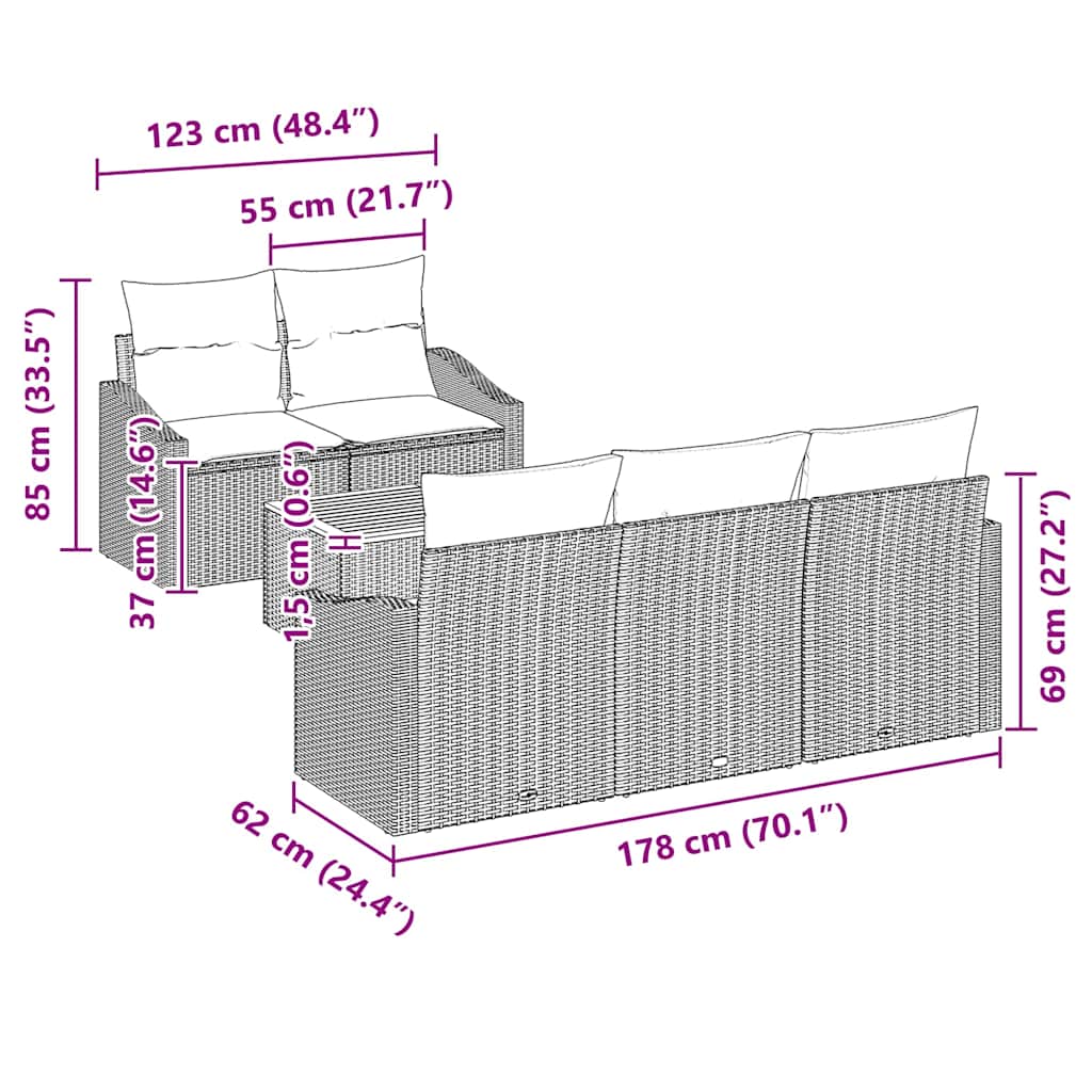 Tuinbankenset met kussen 6 pcs Beige poly rattan