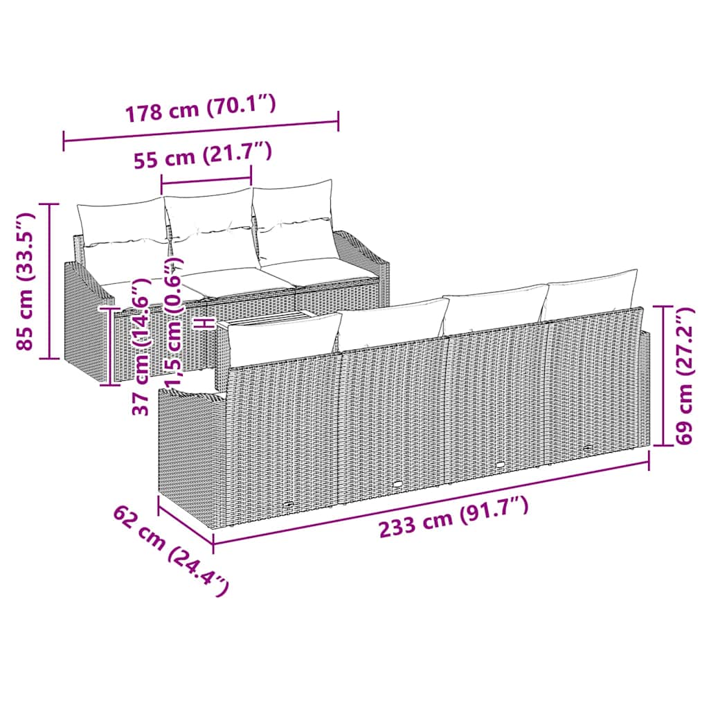 Tuinbankenset met kussen 8 pcs Beige poly rattan