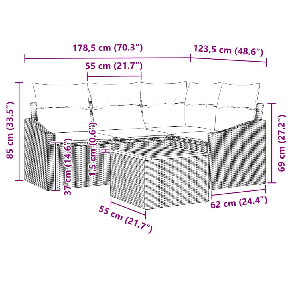 Tuinbankenset met kussen 5 pcs Grijs poly rattan is nu te koop bij PeponiXL, paradijselijk wonen!