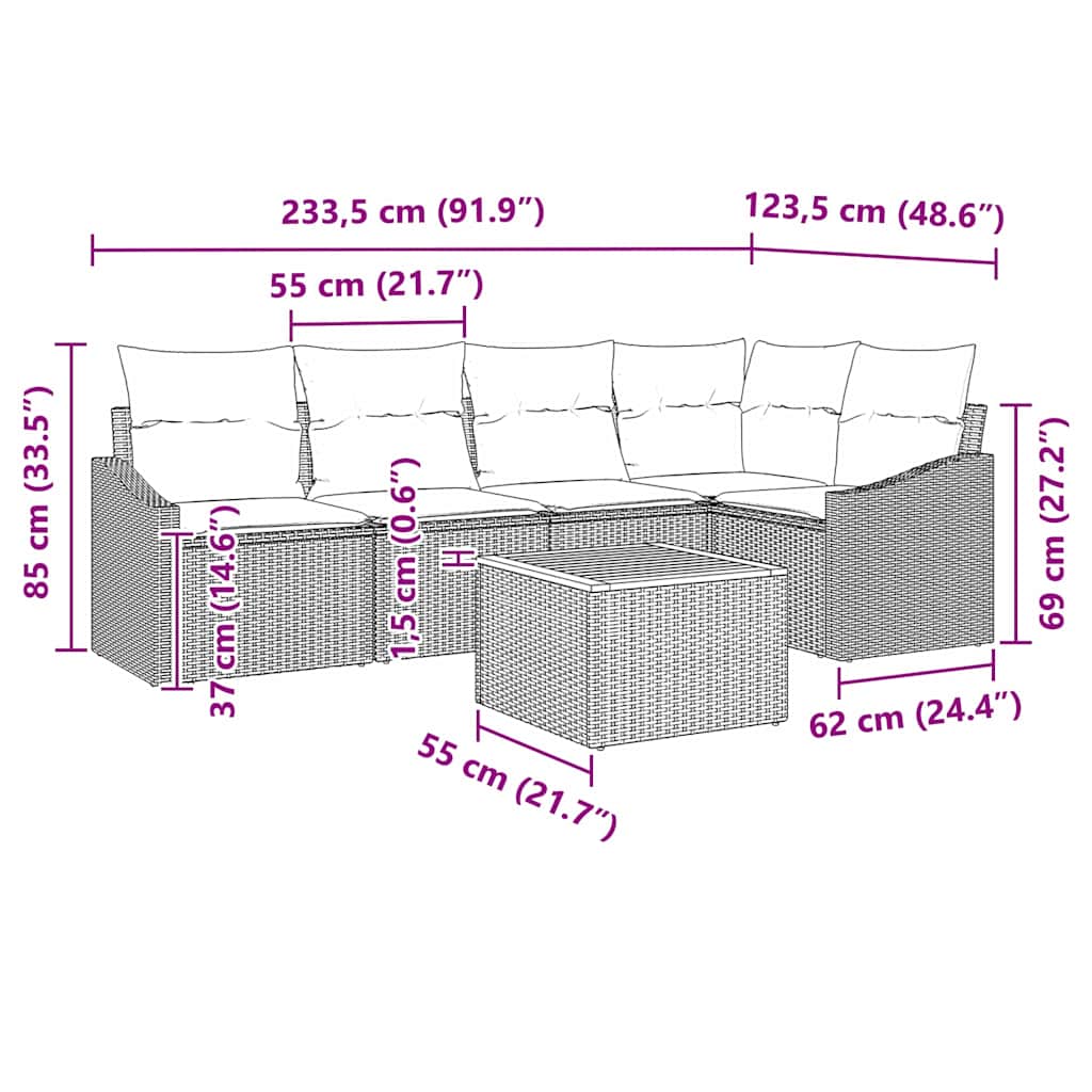 Tuinbankenset met kussen 6 pcs Beige poly rattan