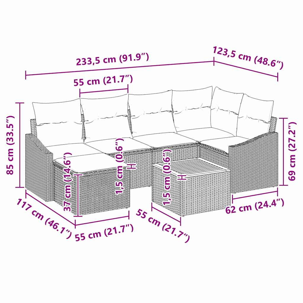 Tuinbankenset met kussen 7 pcs Beige poly rattan