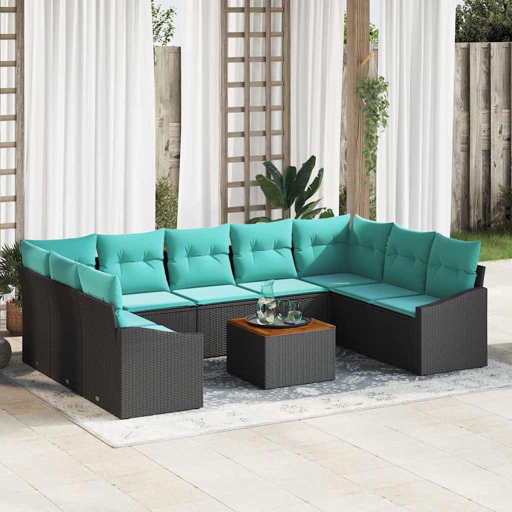Tuinbankenset met kussen 10 pcs Zwart poly rattan