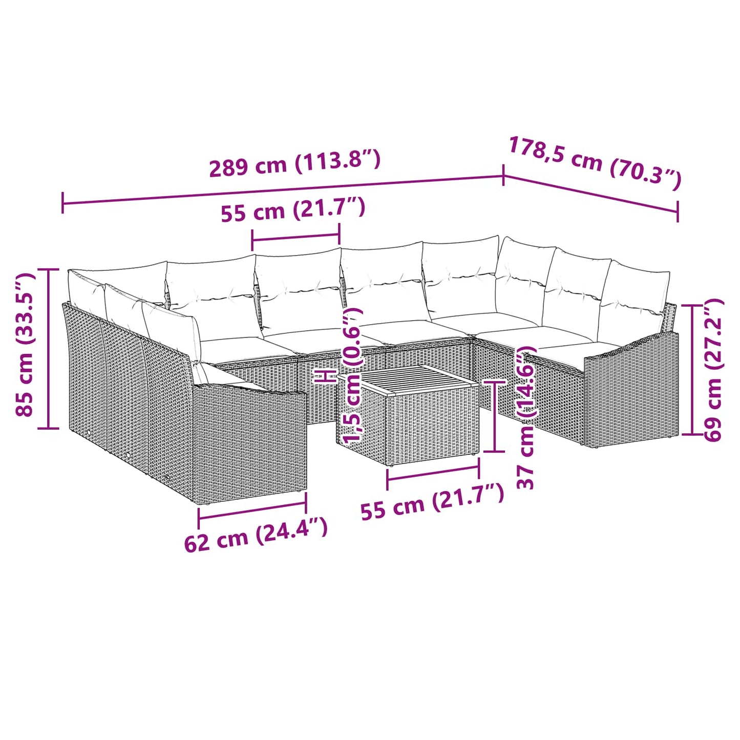 Tuinbankenset met kussen 10 pcs Zwart poly rattan