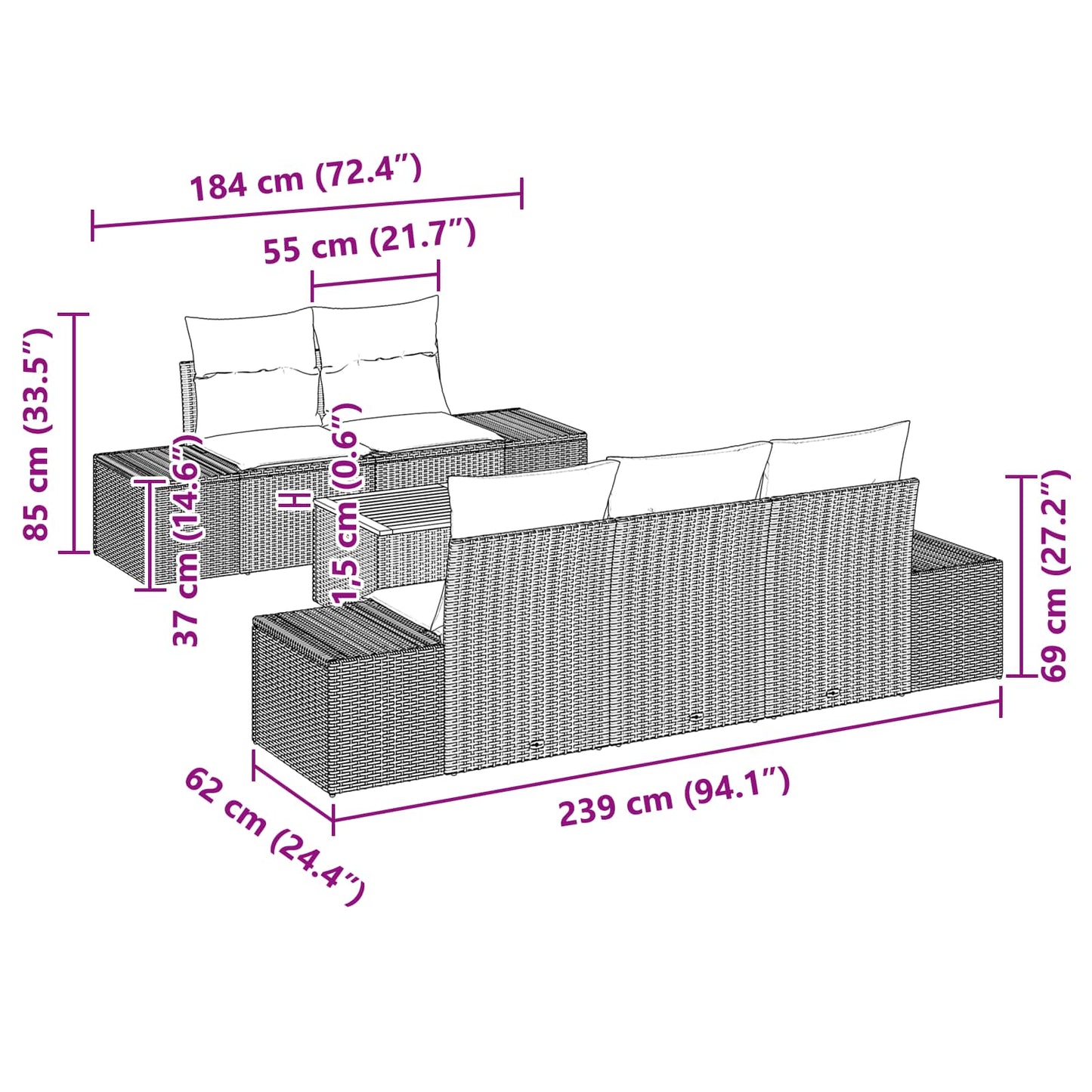 Tuinbankenset 6 st Zwart poly rattan