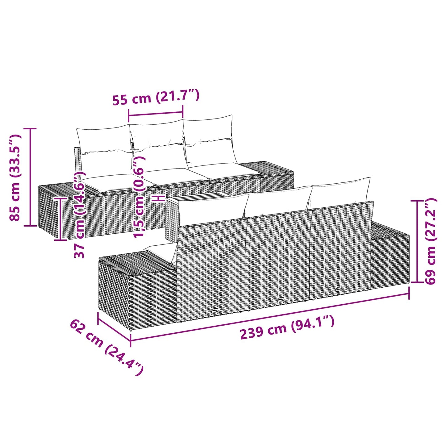 Tuinbankenset 7 st Zwart poly rattan