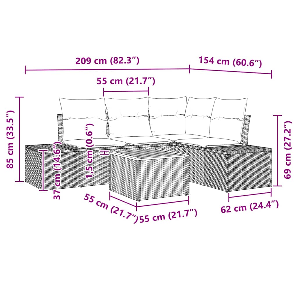 Tuinbankenset met kussen 5 pcs Grijs poly rattan is nu te koop bij PeponiXL, paradijselijk wonen!