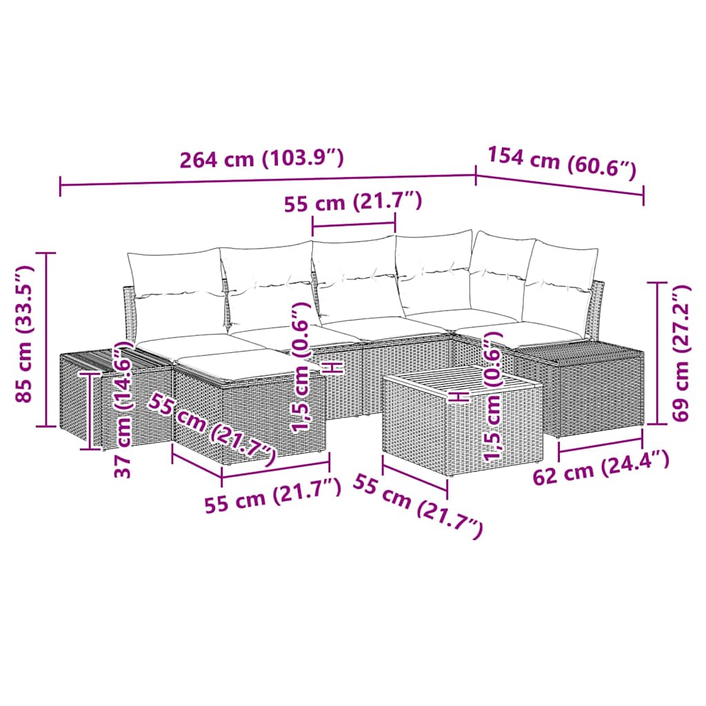 Tuinbankenset met kussen 7 pcs Beige poly rattan