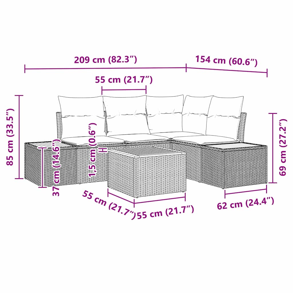 Tuinbankenset met kussen 5 pcs Grijs Poly riet is nu te koop bij PeponiXL, paradijselijk wonen!