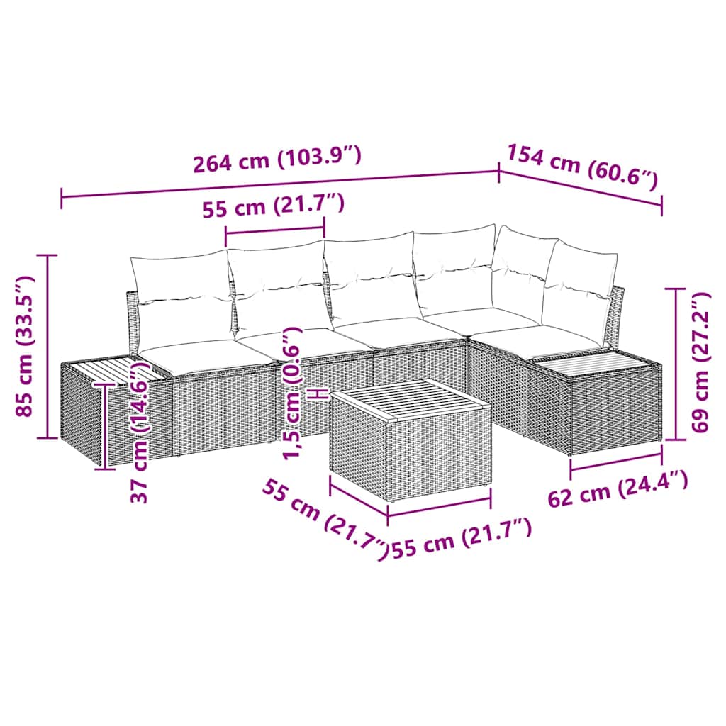 Tuinbankenset met kussen 6 pcs Beige Poly riet