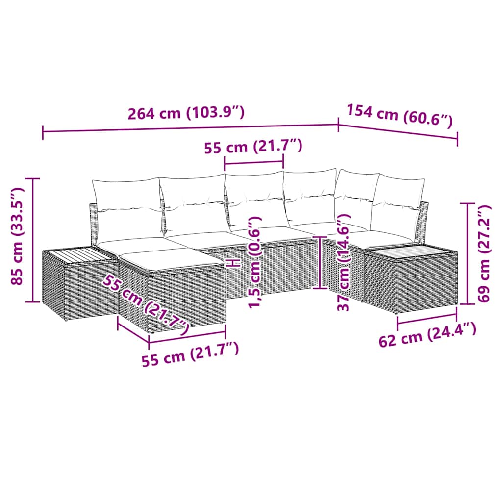 Tuin Sofa Set met kussen 6 pcs Zwart poly rattan is nu te koop bij PeponiXL, paradijselijk wonen!