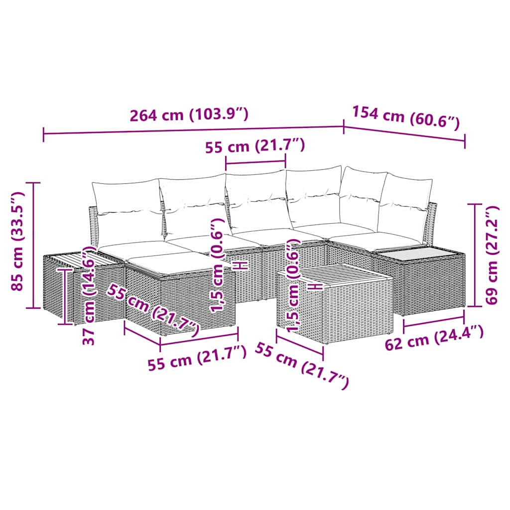Tuin Sofa Set met kussen 7 pcs Grijs poly rattan is nu te koop bij PeponiXL, paradijselijk wonen!