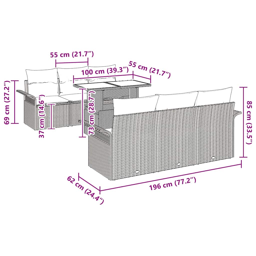 Tuin Sofa Set met kussen 7 pcs Lichtgrijs poly rattan is nu te koop bij PeponiXL, paradijselijk wonen!