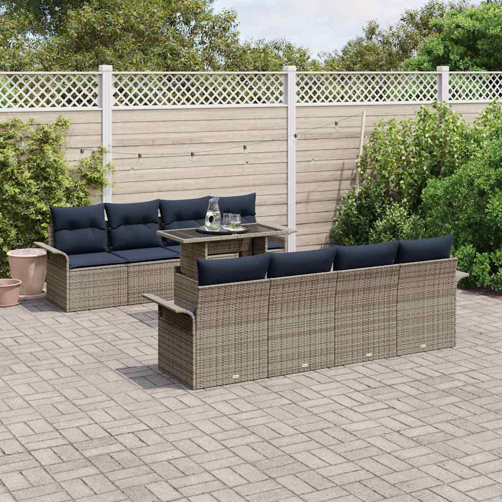 Tuin Sofa Set met kussen 9 pcs Grijs Poly riet is nu te koop bij PeponiXL, paradijselijk wonen!