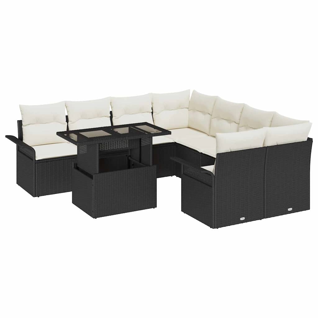 Tuin Sofa Set met kussen 9 pcs Zwart Poly riet is nu te koop bij PeponiXL, paradijselijk wonen!