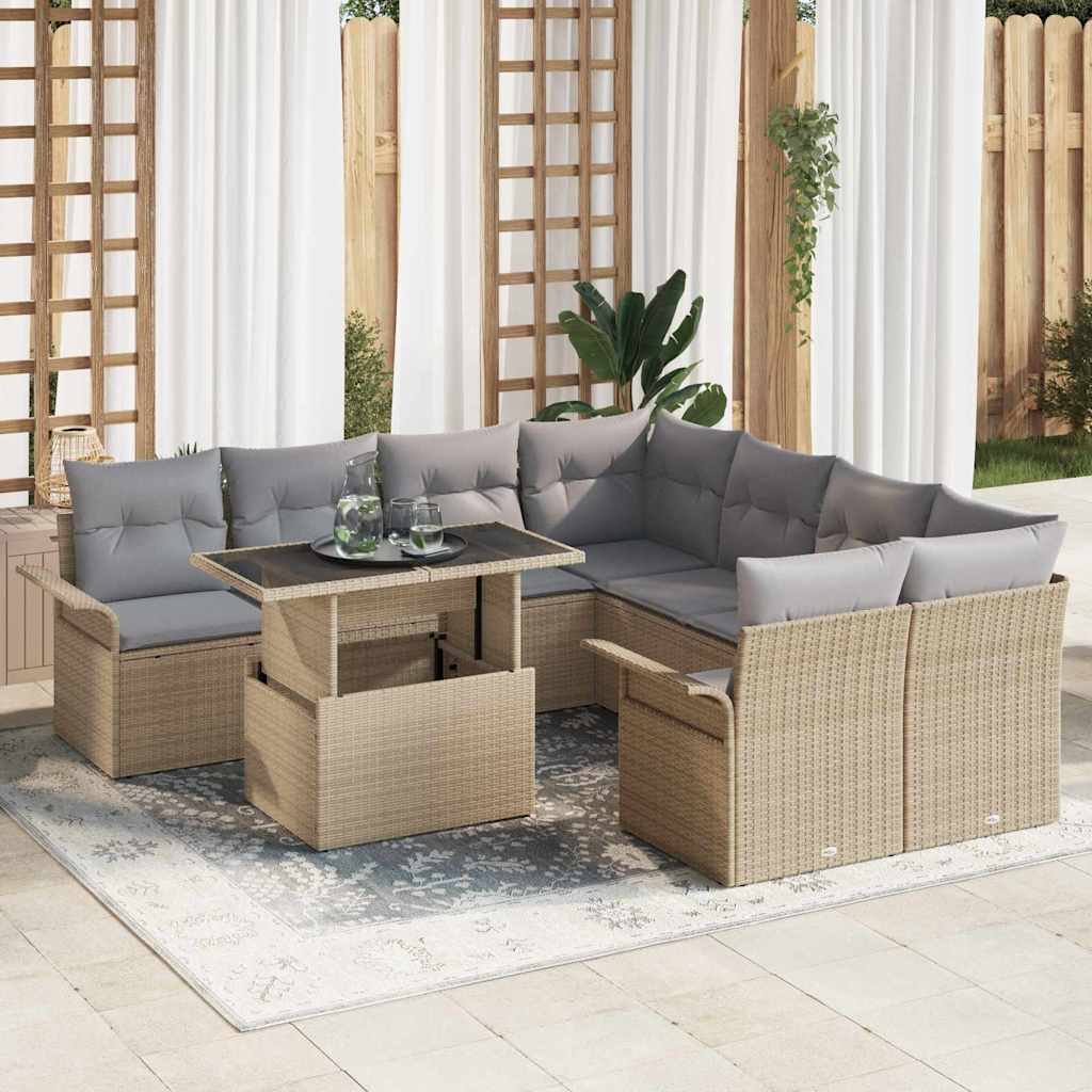 Tuin Sofa Set met kussen 9 pcs Beige Poly riet is nu te koop bij PeponiXL, paradijselijk wonen!