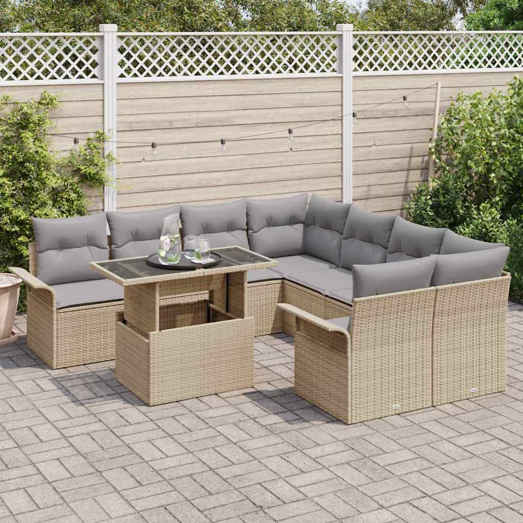 Tuin Sofa Set met kussen 9 pcs Beige Poly riet is nu te koop bij PeponiXL, paradijselijk wonen!