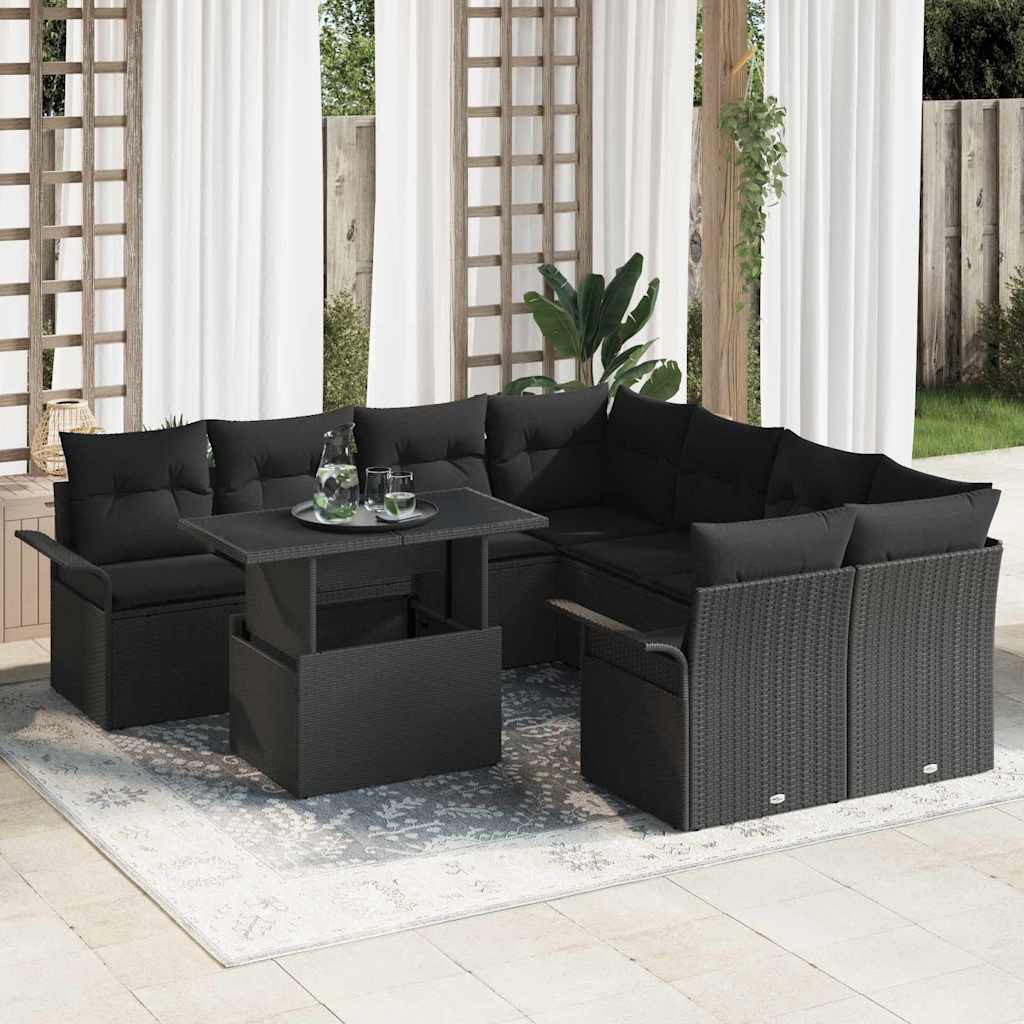 Tuin Sofa Set met kussen 9 pcs Zwart Poly riet is nu te koop bij PeponiXL, paradijselijk wonen!
