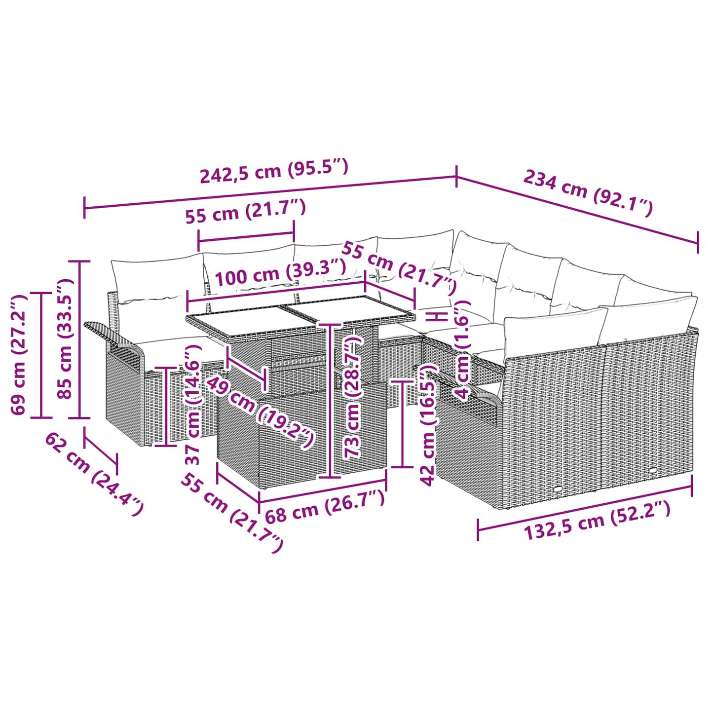 Tuin Sofa Set met kussen 9 pcs Grijs Poly riet is nu te koop bij PeponiXL, paradijselijk wonen!