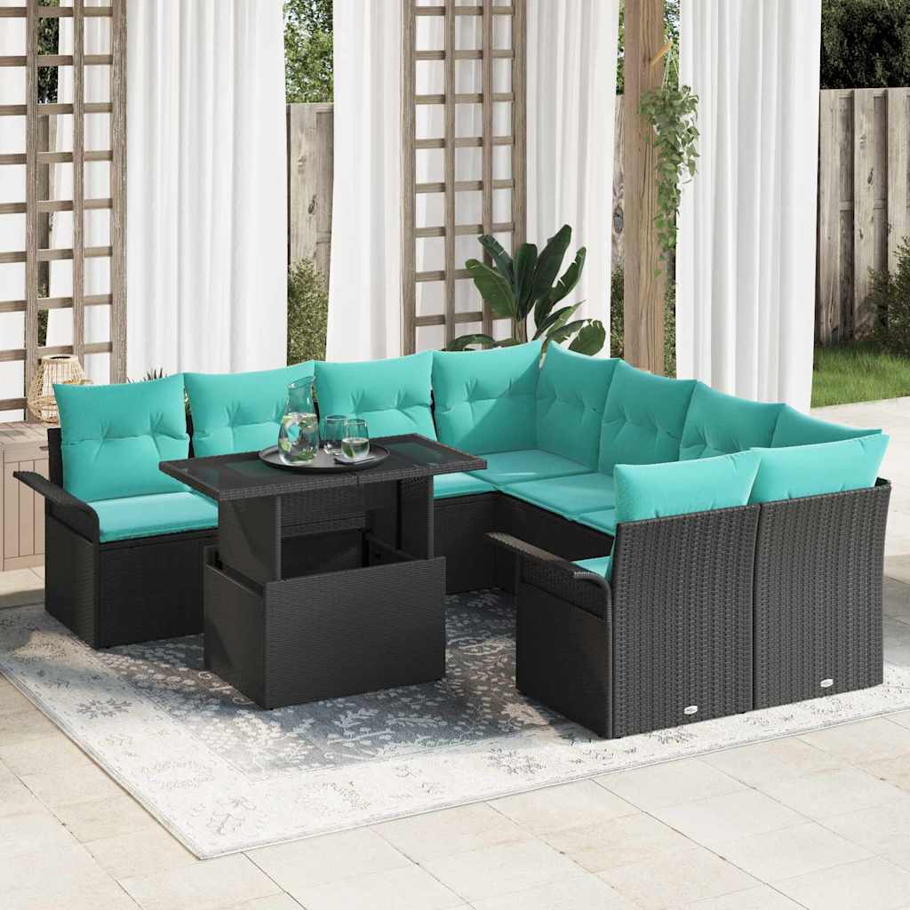 Tuin Sofa Set met kussen 9 pcs Zwart Poly riet