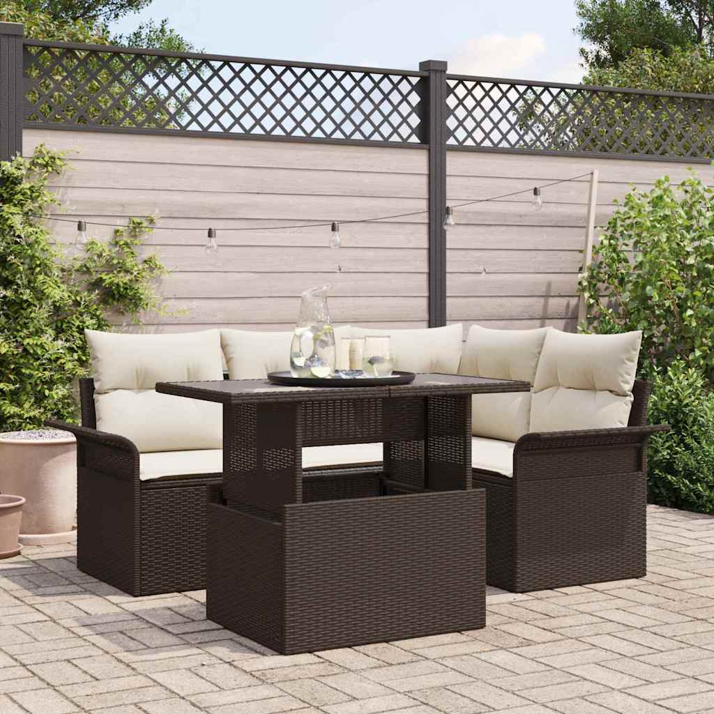 Tuin Sofa Set met kussen 5 pcs Bruin Poly riet is nu te koop bij PeponiXL, paradijselijk wonen!