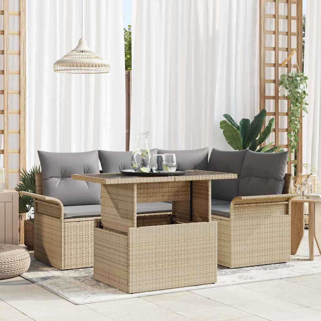 Tuin Sofa Set met kussen 5 pcs Beige Poly riet is nu te koop bij PeponiXL, paradijselijk wonen!