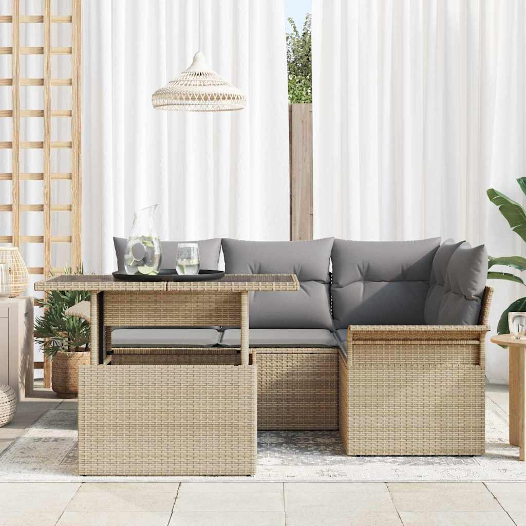 Tuin Sofa Set met kussen 5 pcs Beige Poly riet is nu te koop bij PeponiXL, paradijselijk wonen!