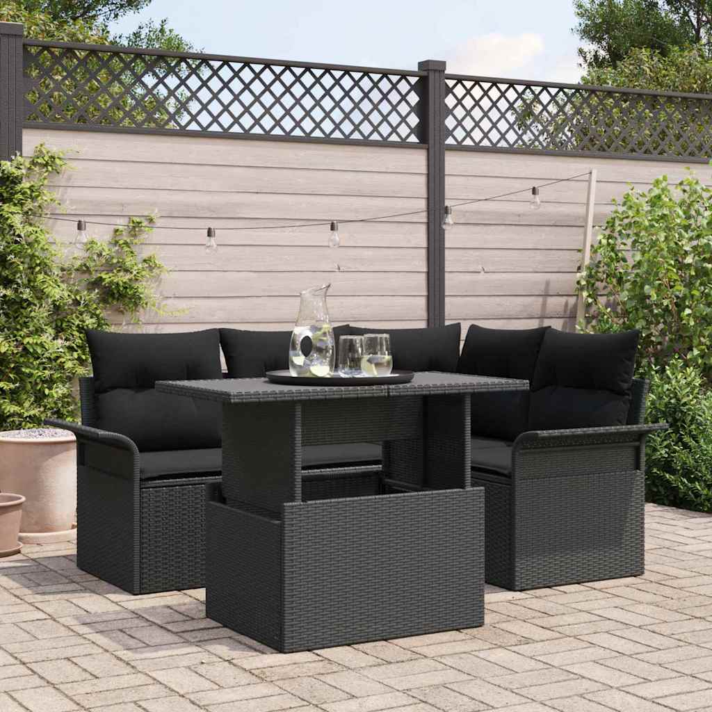 Tuin Sofa Set met kussen 5 pcs Zwart Poly riet is nu te koop bij PeponiXL, paradijselijk wonen!
