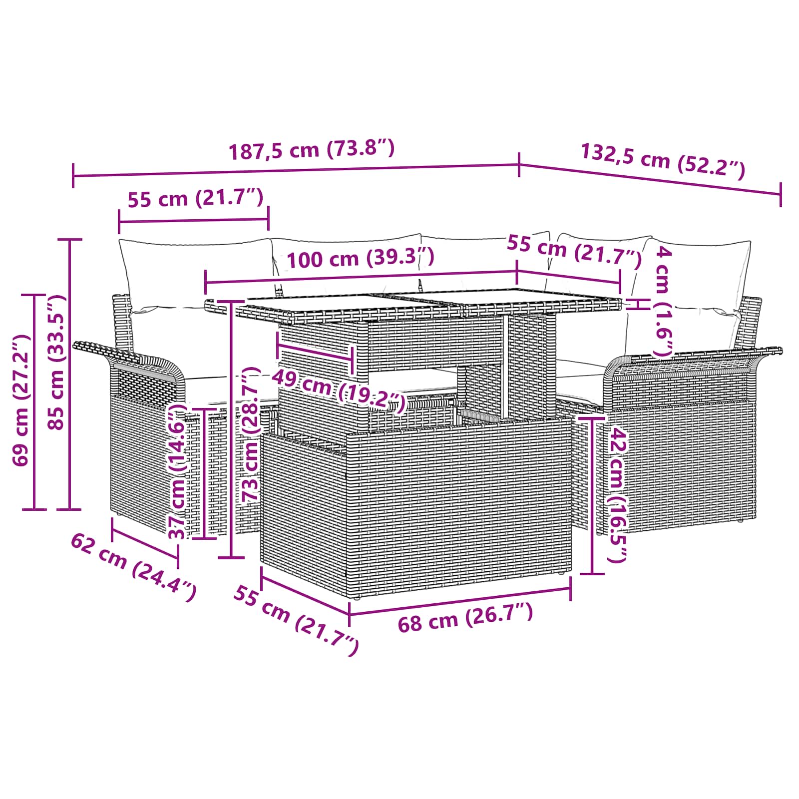 Tuin Sofa Set met kussen 5 pcs Grijs poly rattan is nu te koop bij PeponiXL, paradijselijk wonen!