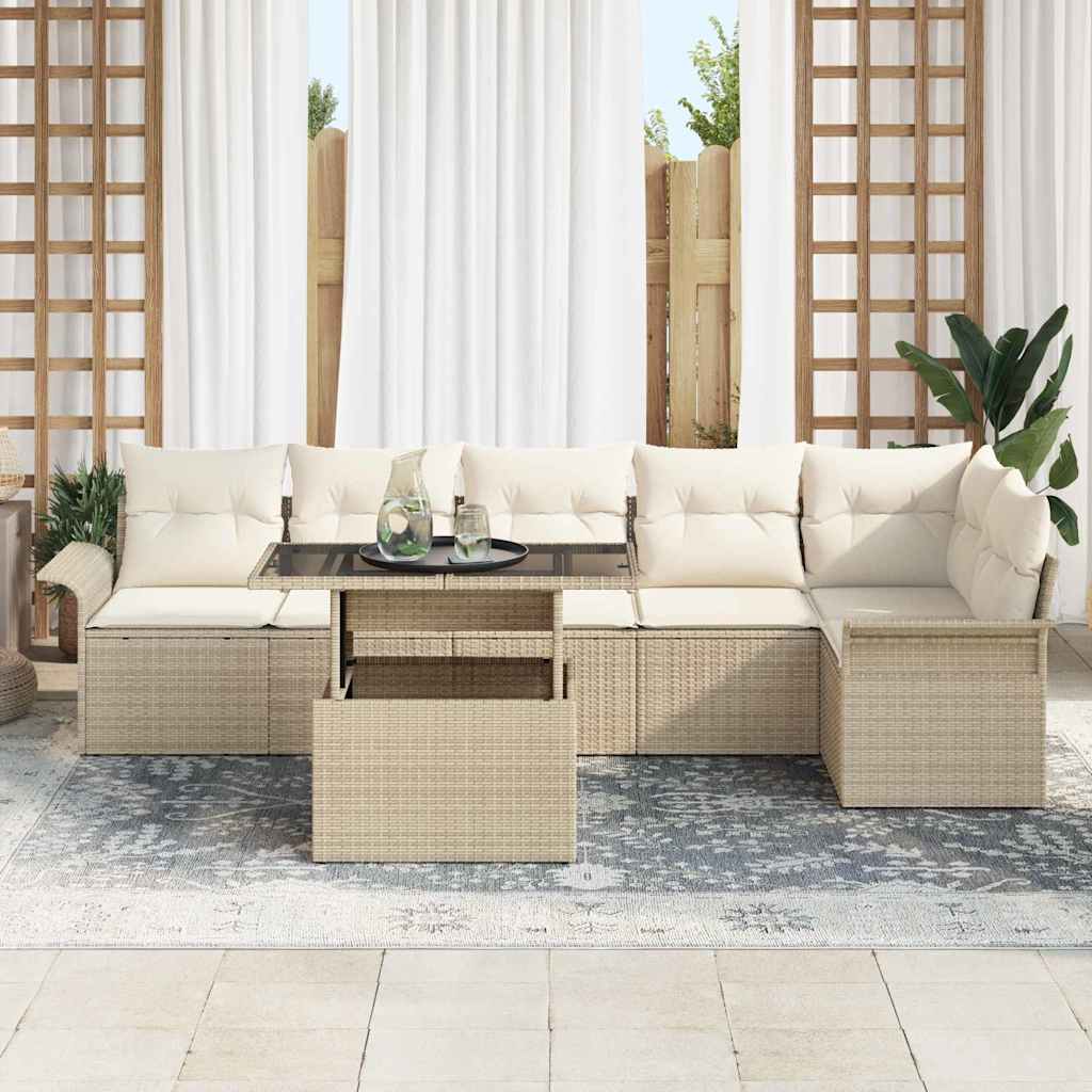 Tuin Sofa Set met kussen 7 pcs Beige Poly riet is nu te koop bij PeponiXL, paradijselijk wonen!
