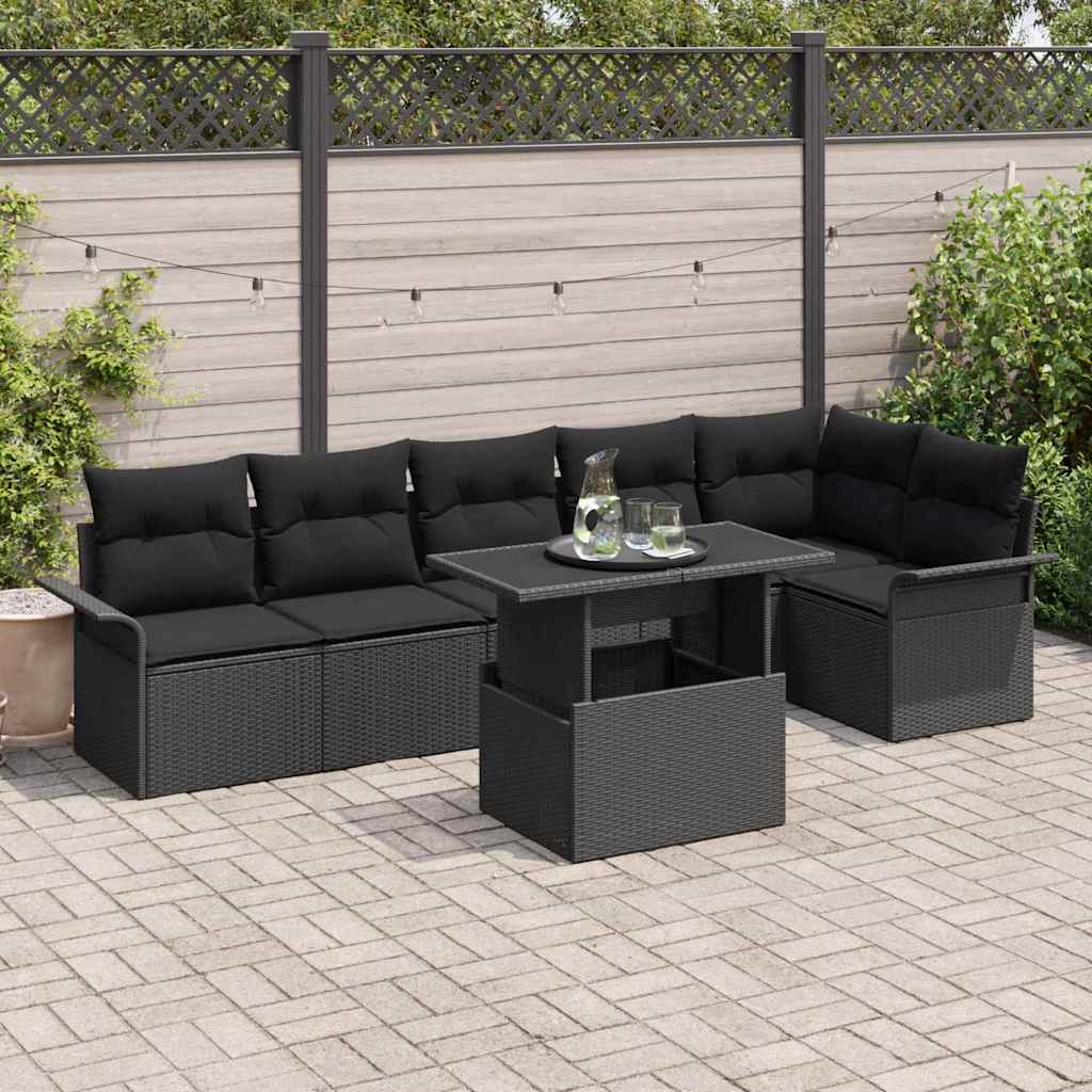 Tuin Sofa Set met kussen 7 pcs Zwart Poly riet is nu te koop bij PeponiXL, paradijselijk wonen!