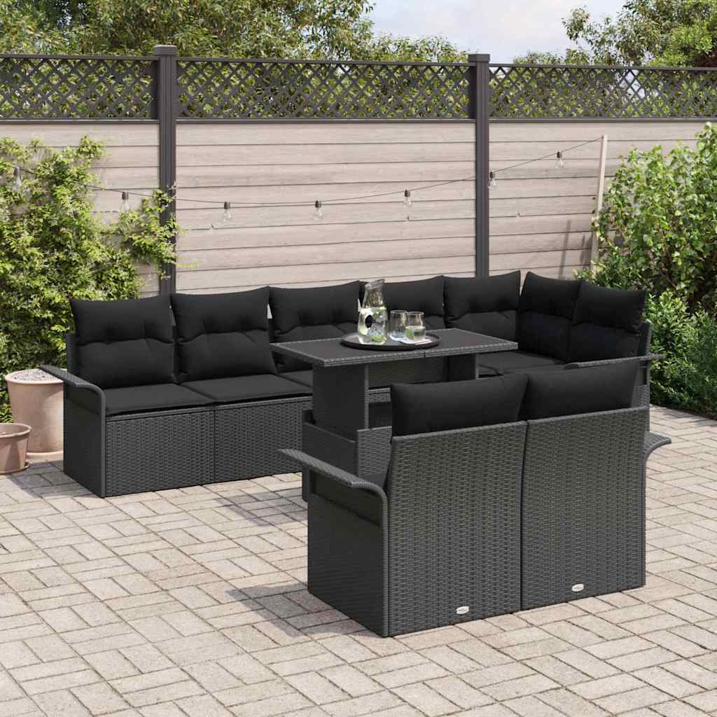 Tuin Sofa Set met kussen 9 pcs Zwart Poly riet is nu te koop bij PeponiXL, paradijselijk wonen!