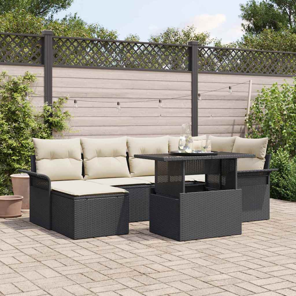 Tuin Sofa Set met kussen 7 pcs Zwart Poly riet is nu te koop bij PeponiXL, paradijselijk wonen!