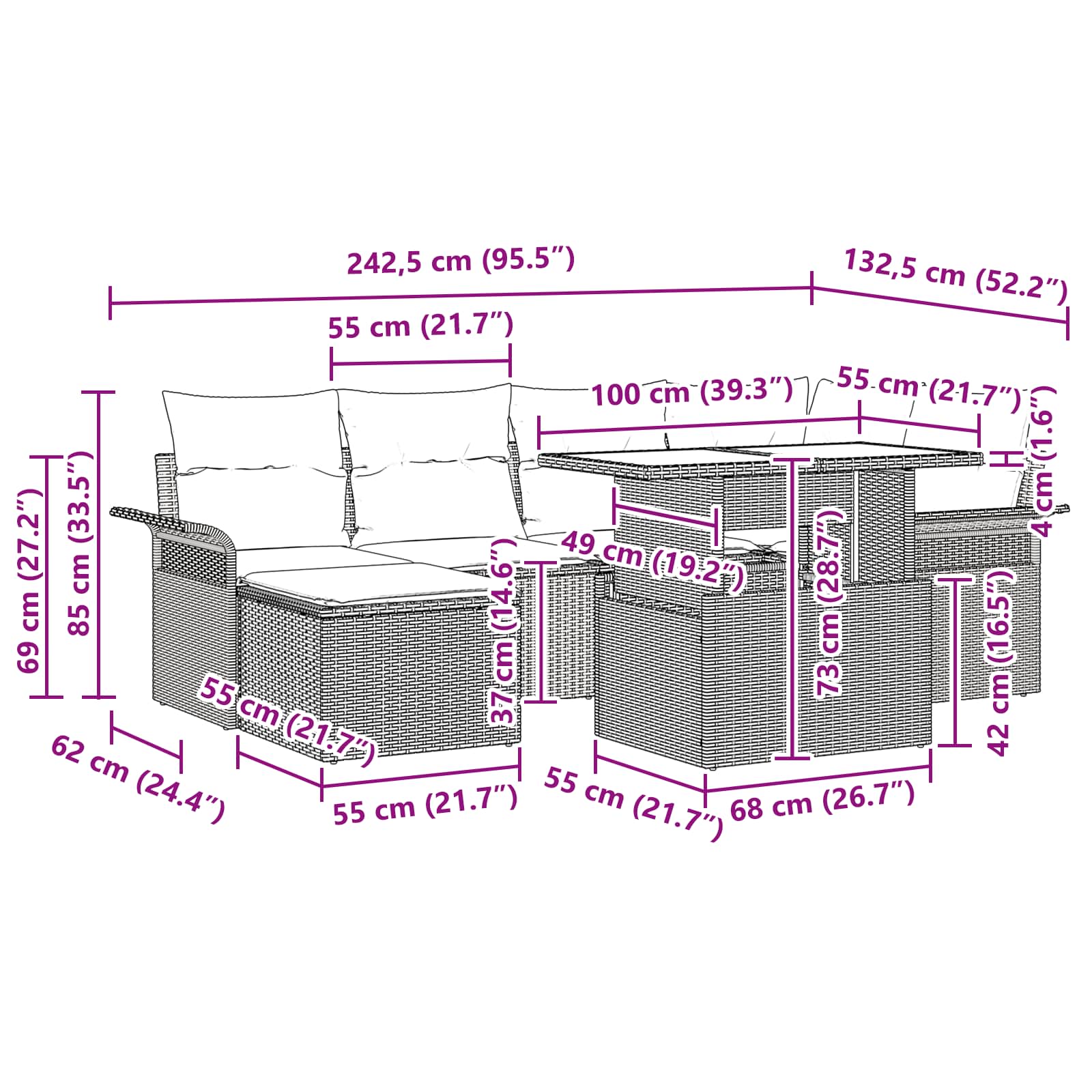 Tuin Sofa Set met kussen 7 pcs Bruin poly rattan is nu te koop bij PeponiXL, paradijselijk wonen!