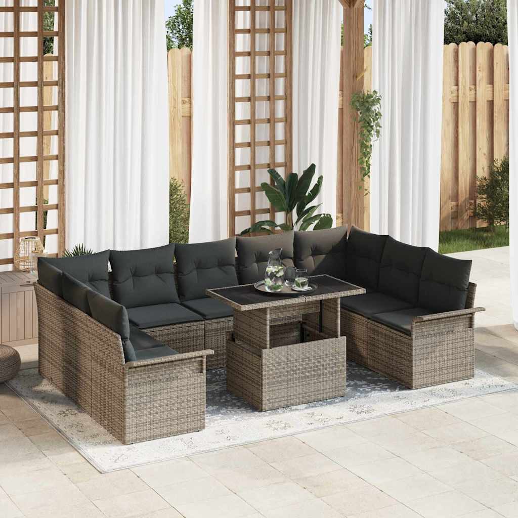 Tuin Sofa Set met kussen 10 pcs Grijs Poly riet is nu te koop bij PeponiXL, paradijselijk wonen!