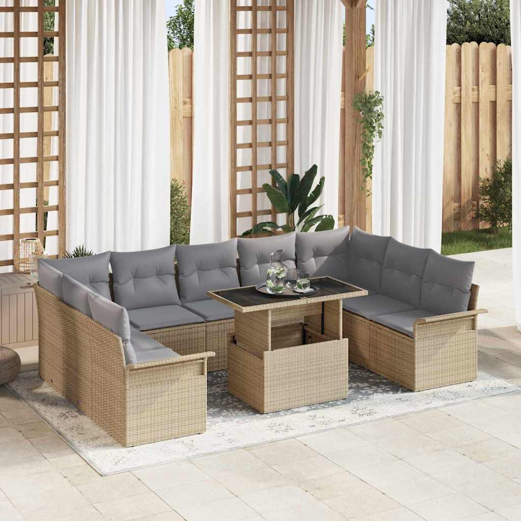 Tuin Sofa Set met kussen 10 pcs Beige Poly riet is nu te koop bij PeponiXL, paradijselijk wonen!
