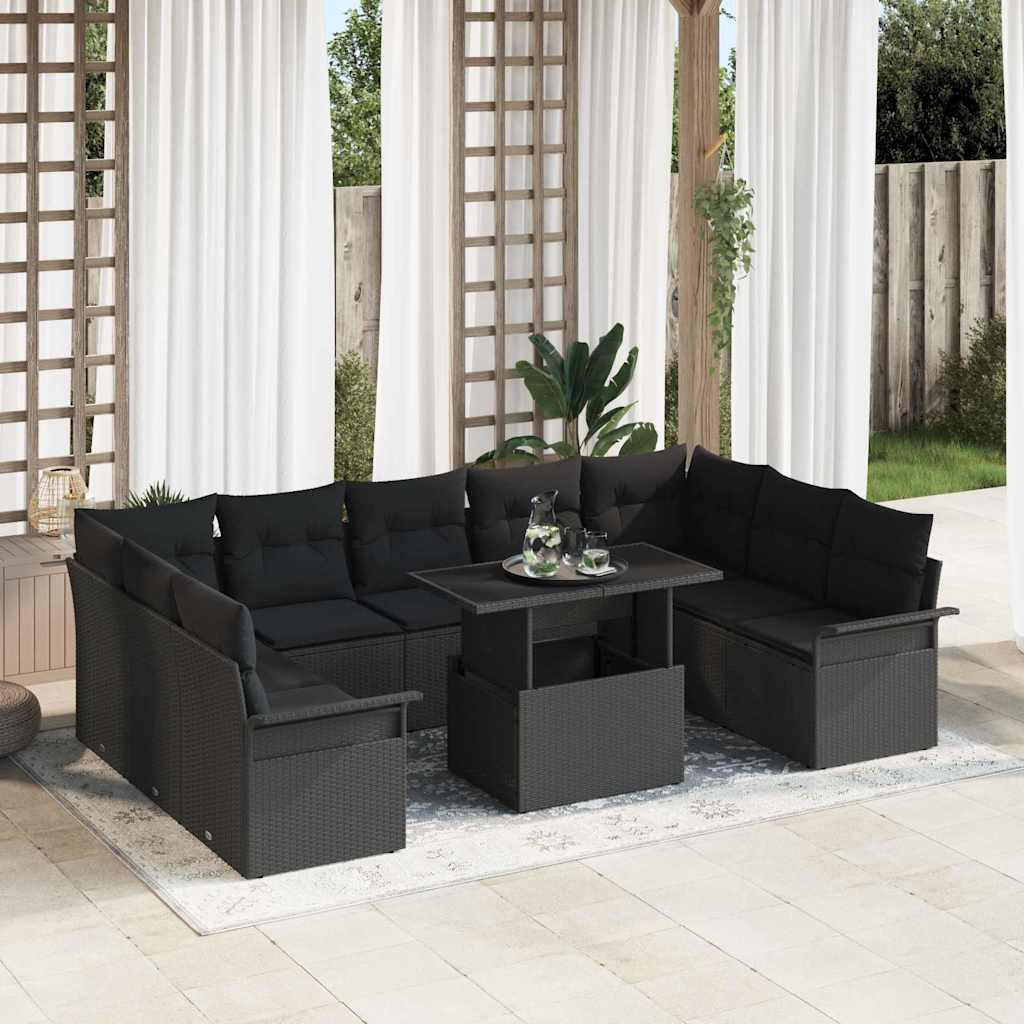 Tuin Sofa Set met kussen 10 pcs Zwart Poly riet is nu te koop bij PeponiXL, paradijselijk wonen!